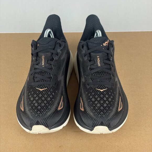 Hoka Clifton 9 Athletic Running Shoes Womens 7 Black Rose Gold Low Top Lace Up - Picture 2 of 10
